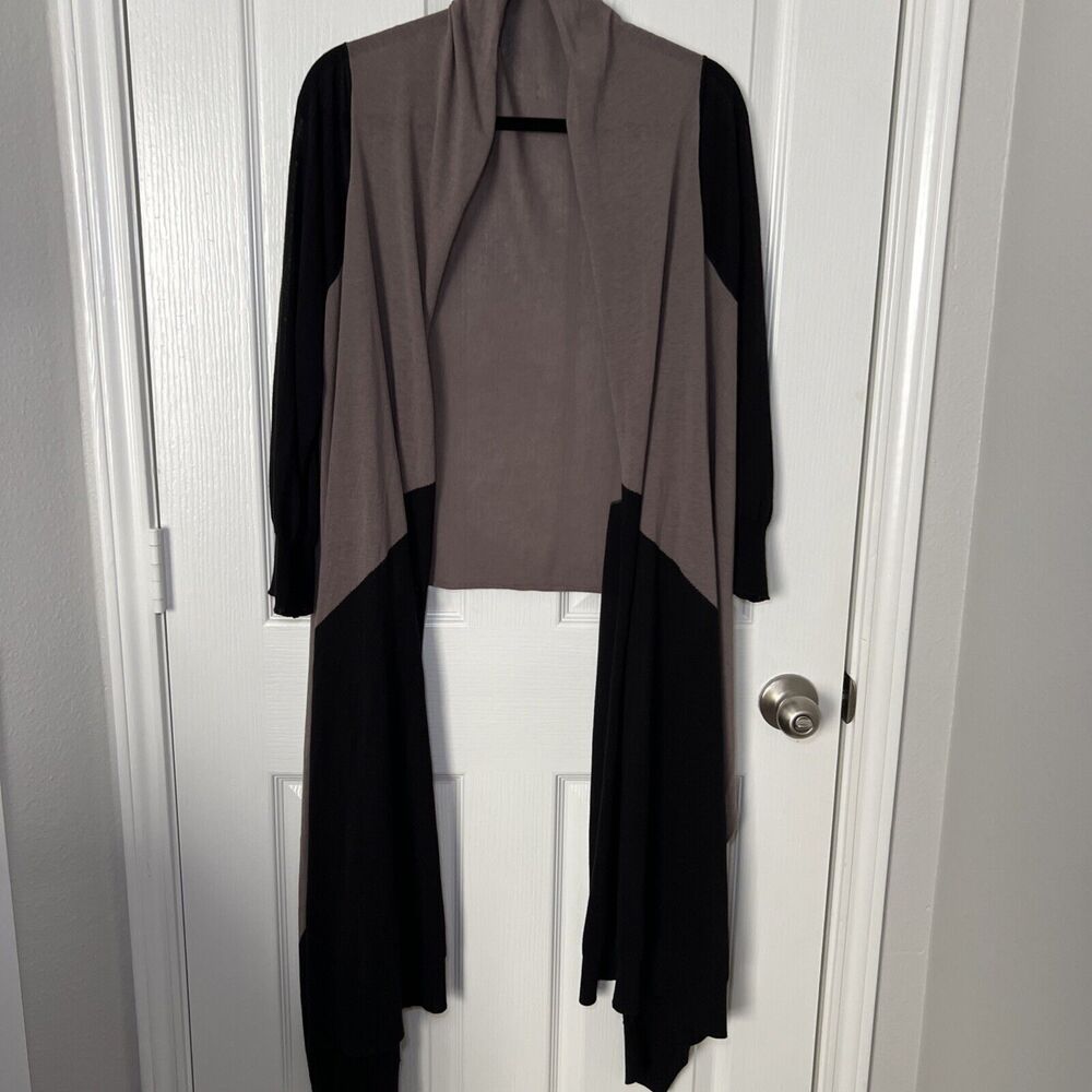 Drape Front Open Cardigan Sweater Wrap Women M/L Tan Black Colorblock Waterfall
